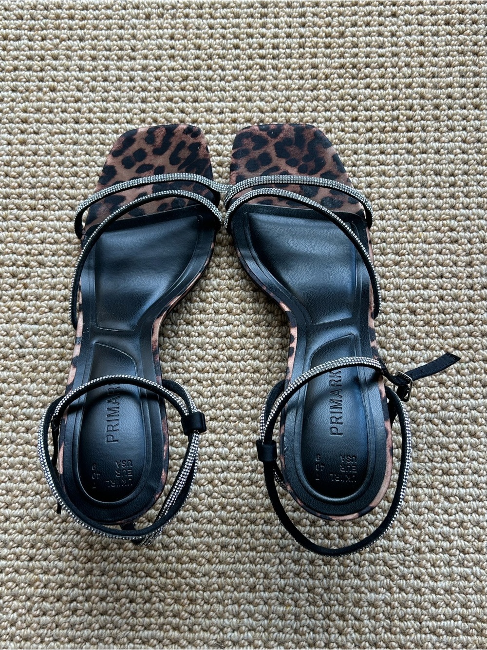 Primark Leopard Print Stiletto Slingback Sandals with Rhinestone Straps Size 9